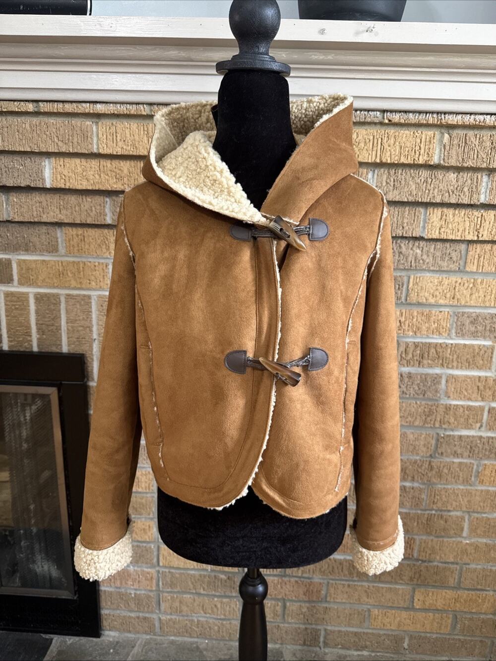 Ett:twa Anthropologie Jacket Women 00P Brown Short Faux Shearling Hooded Toggle